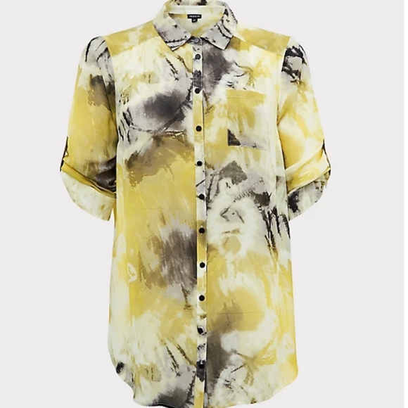 torrid Tops - YELLOW TIE-DYE CHIFFON BUTTON FRONT TUNIC BLOUSE